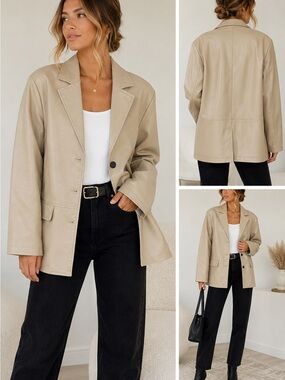 all:row Faux Leather Blazer Jacket Beige Oversized Neutral Women’s Small